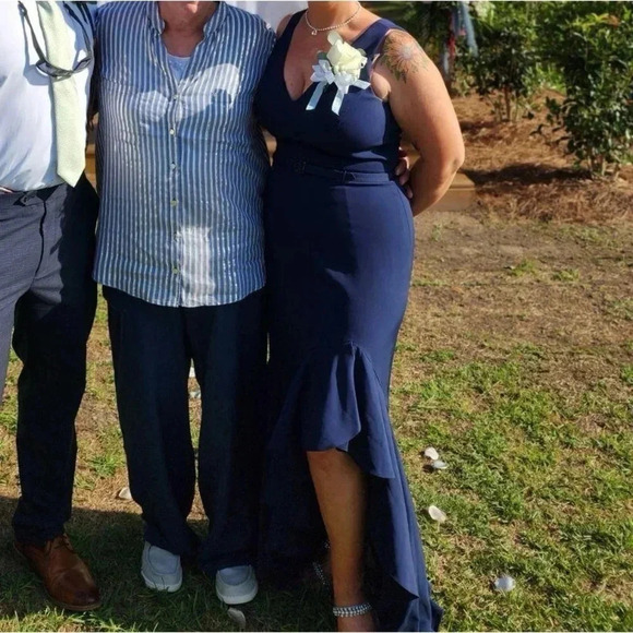 Eliza J • Sleeveless V-Neck Belted High Low Asymmetrical Gown - Picture 16 of 16